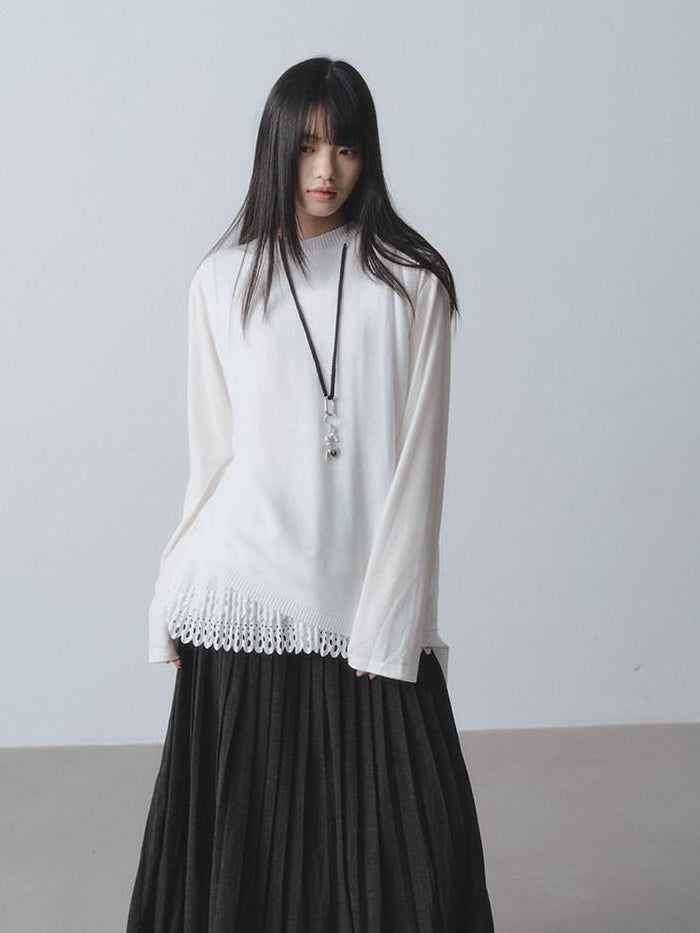 DDGIRL studio Soft Breathable V-neck Patchwork Loose Fit Women White Long Sleeve T-Shirts