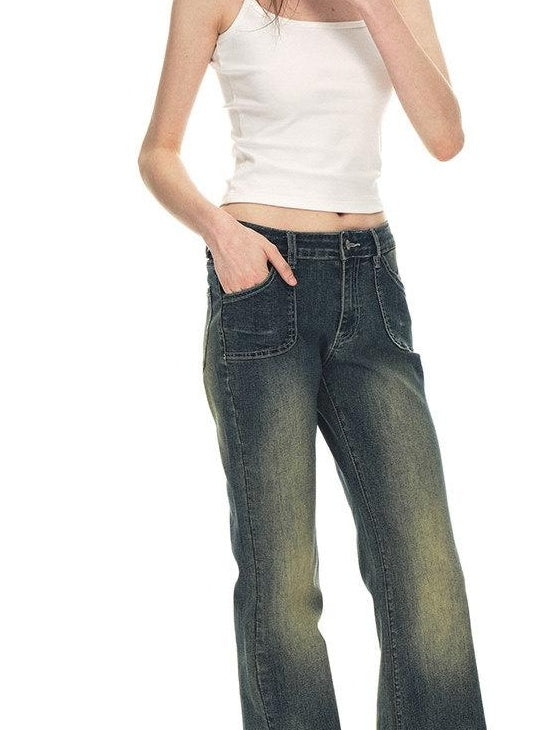 Country Moment Vintage Distressed Low Rise Retro Flare Women Daily Denim Blue Flared Jeans