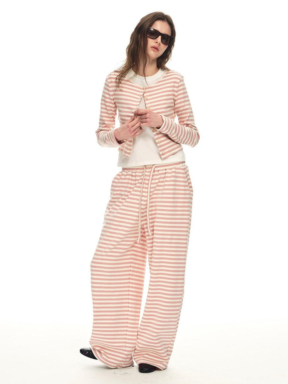 Country Moment Breathable Cotton Slim Fit Piped Pink Striped Casual Top & Pants Sets