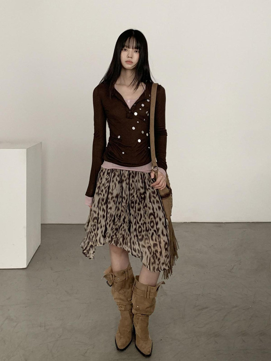 DDGIRL studio Durable American Asymmetric A Line Women High Waist Leopard Print Midi Skirts