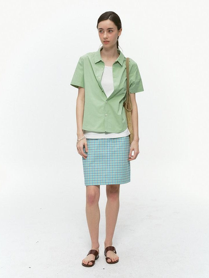 Country Moment Pure Cotton Commuter Literary A Line Mid Rise Office Green Plaid Mini Skirts