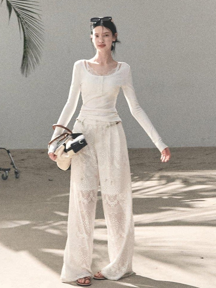 7 OAKMOO Mid Rise Cotton Blend Casual Straight Fit Women Mist White Wide Leg Pants