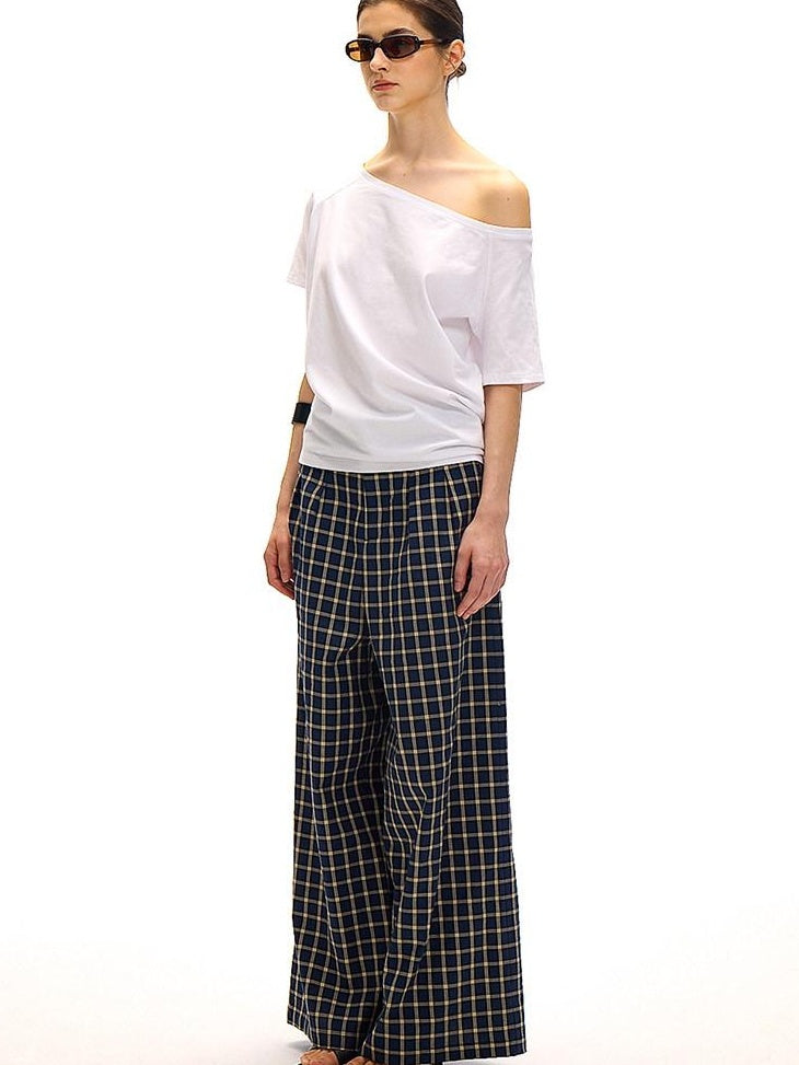Country Moment Versatile Minimal Indigo Check Cotton Natural Waist Straight Wide Leg Pants