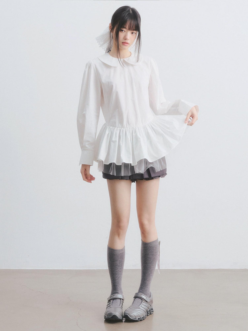 DDGIRL studio Soft Cotton Babydoll High Waist Long Sleeve Women Doll Collar Shirts