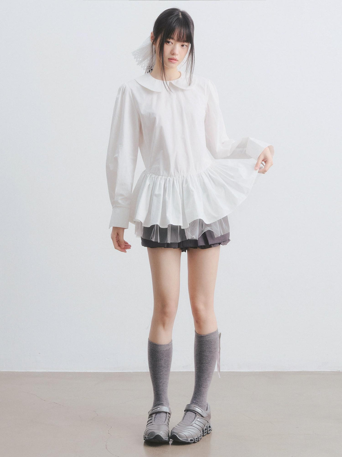 DDGIRL studio Soft Cotton Babydoll High Waist Long Sleeve Women Doll Collar Shirts