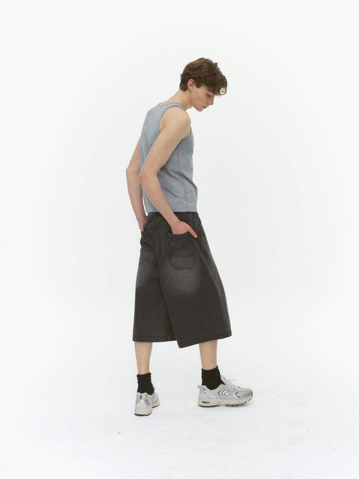 Country Moment Washed Mid Rise Loose Straight Casual Carbon Gray Cotton Wide Leg Jeans
