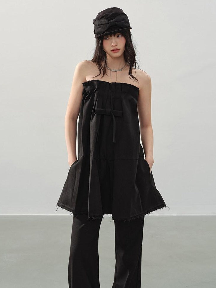 DDGIRL studio Soft Cotton Blend High Waist Bow A Line Strapless Workwear Women Mini Dresses