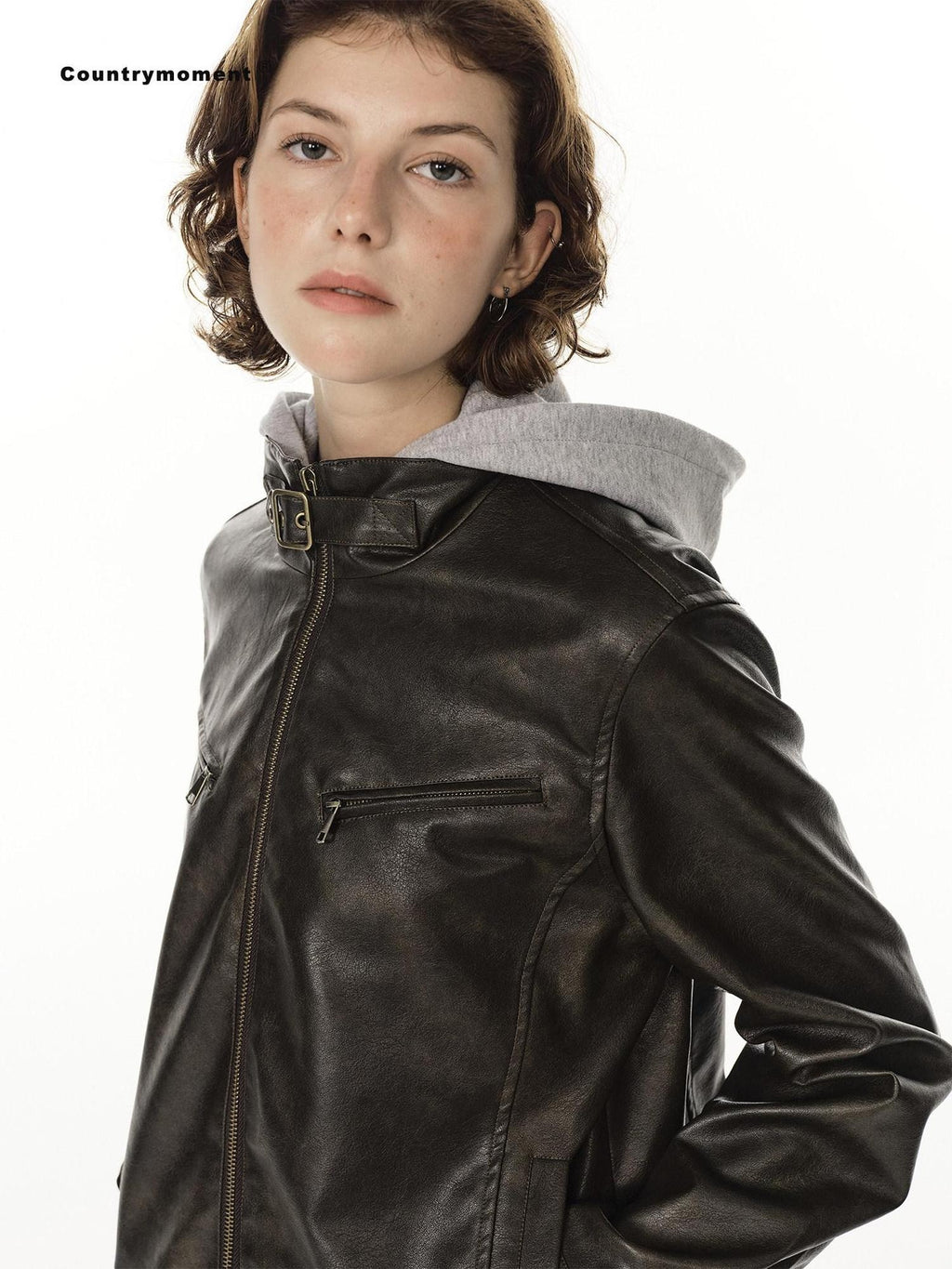 Country Moment Warm Pu Leather Detachable Hood Loose Fit Casual Unisex Leather Jackets