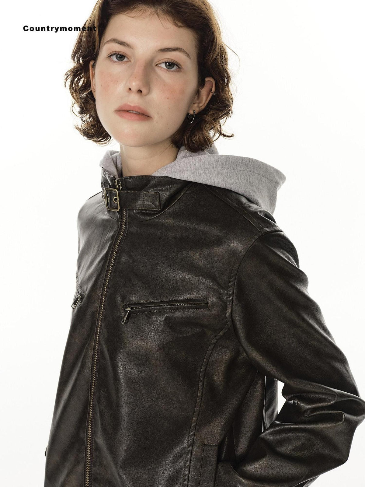 Country Moment Warm Pu Leather Detachable Hood Loose Fit Casual Unisex Leather Jackets
