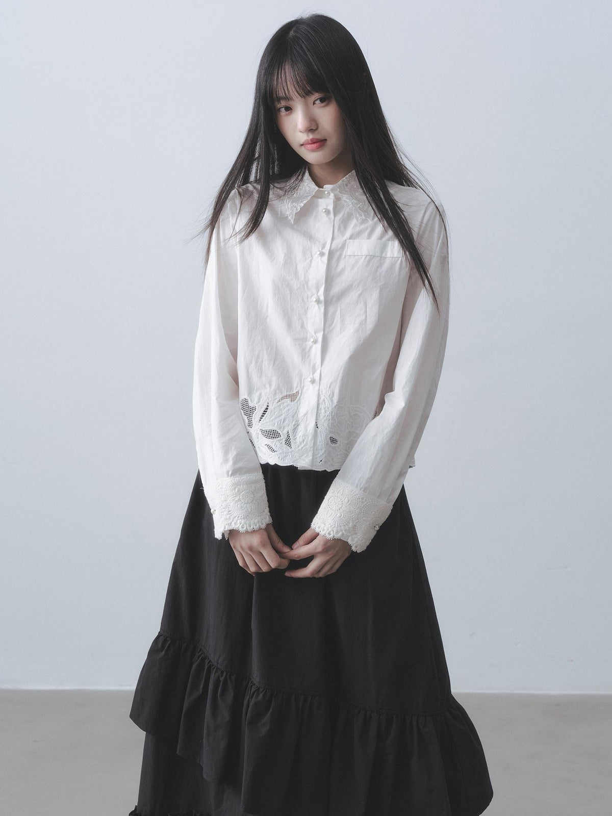DDGIRL studio Skin Friendly Cotton Lace Embroidered Cropped Cardigan White Long Sleeve Shirts