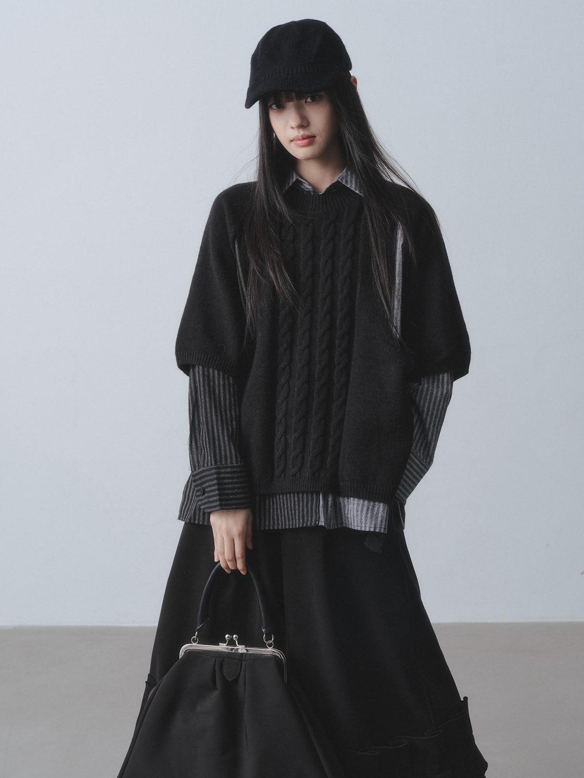 DDGIRL studio Warm Openwork Striped Knit Two Piece Loose Fit Collared Women Sweaters