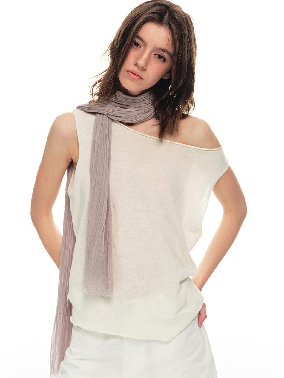 Country Moment Breathable Linen Blend Loose Asymmetric Neckline White Women Casual Tank Tops