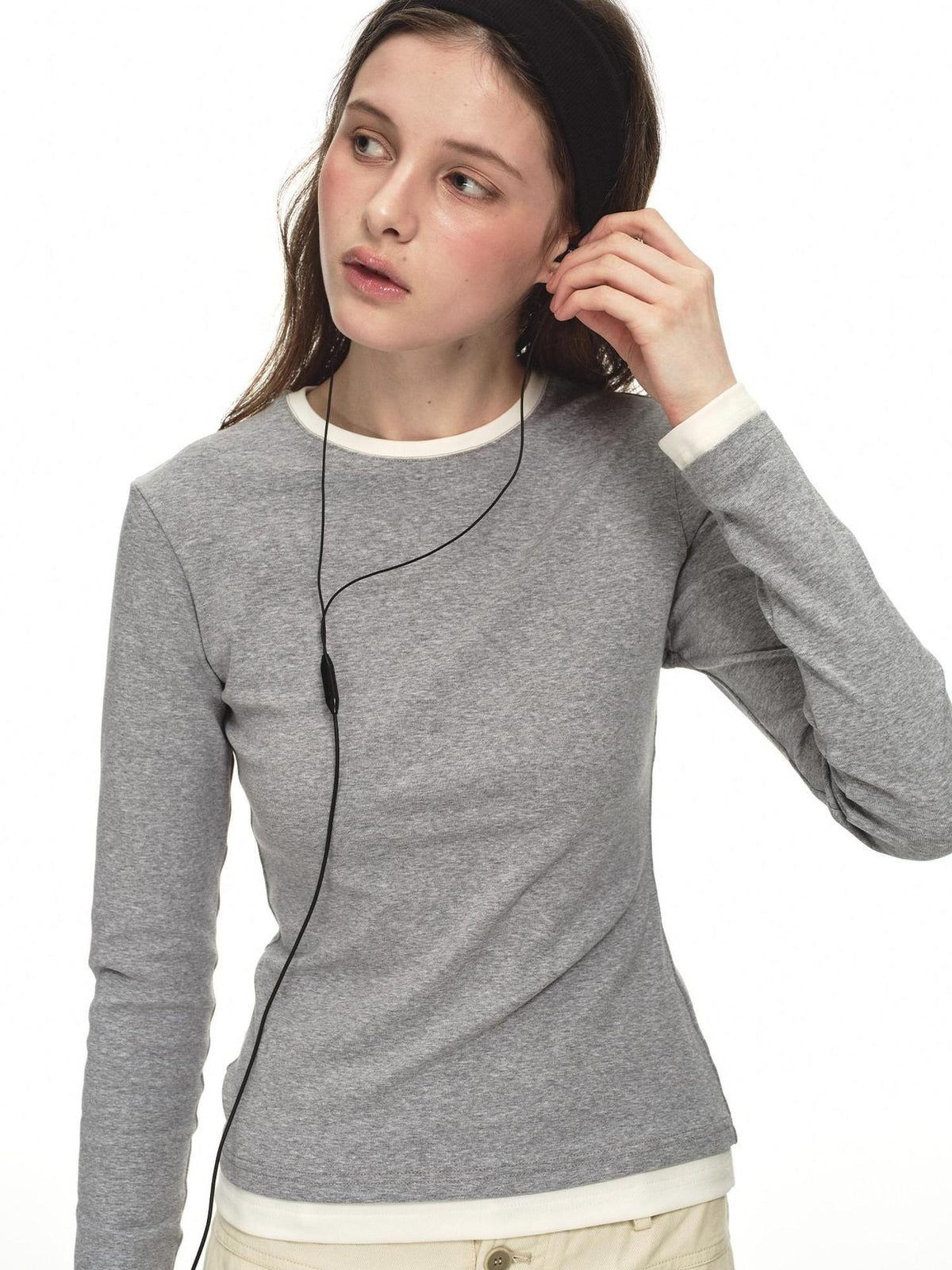 Country Moment Stretch Cotton Layered Slim Fit Casual Women Crewneck Gray Long Sleeve T-Shirts