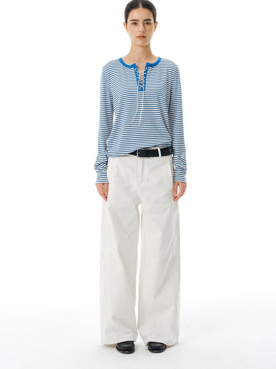 Country Moment Stretch Polyester Henley Tie Blue White Striped Unisex Long Sleeve T-Shirts