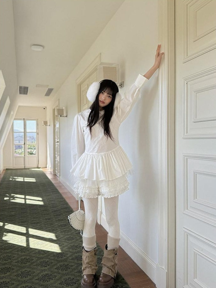 DDGIRL studio Breathable Patchwork Doll Collar Cotton Blend Cropped Long Sleeve White Blouses
