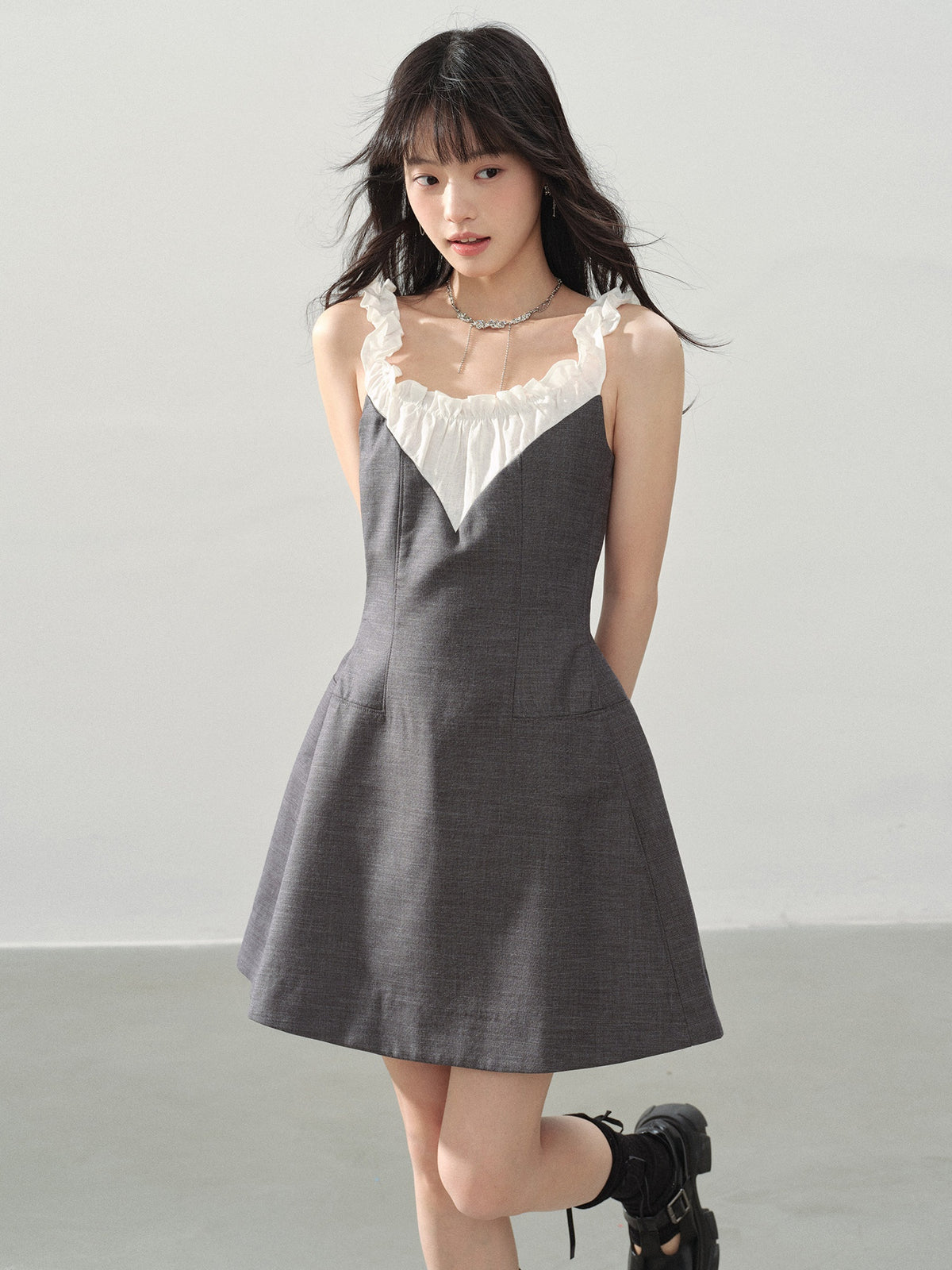 DDGIRL_studio_Shape_Retaining_Ruffle_Neck_High_Waist_Strappy_A_Line_Office_Gray_Mini_Dresses_MISSTT