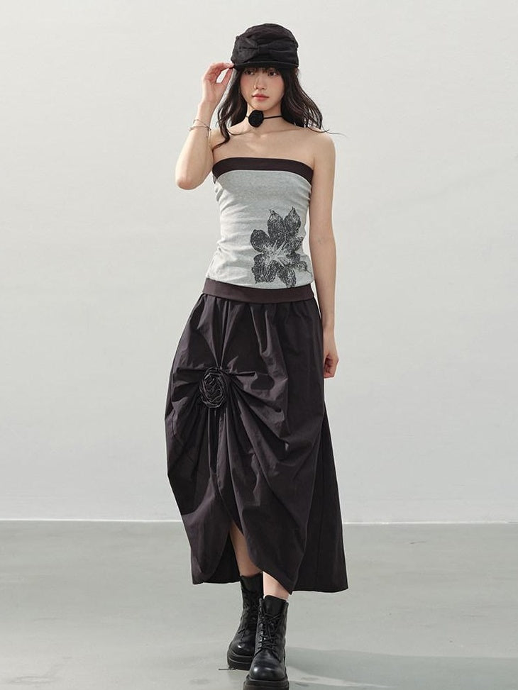 DDGIRL studio Durable Lined Cotton High Waist Asymmetric Floral Front Slit Midi Skirts