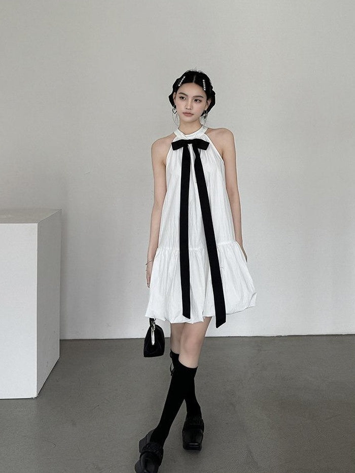 DDGIRL studio Soft Cotton Nylon Bow Sleeveless Aline Office Women Halter Back Zip Midi Dresses