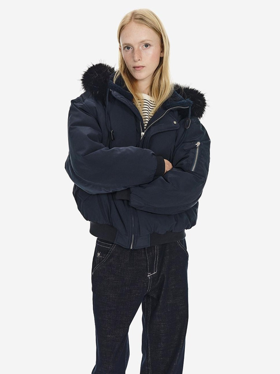 Country Moment Warm Hooded Retro Short Zip Ribbed Hem Unisex Navy Puffer Jackets