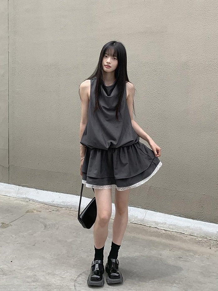 DDGIRL studio Lace Panel High Waist A Line Sleeveless Commuter Young Women Mini Dresses