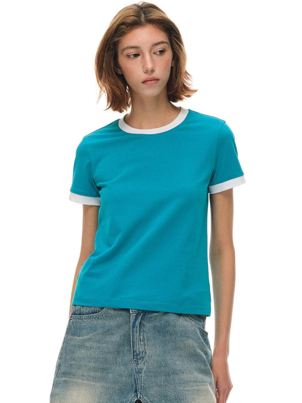 Country Moment Soft Breathable Colorblock Women Crew Neck Blue Short Sleeve T-Shirts